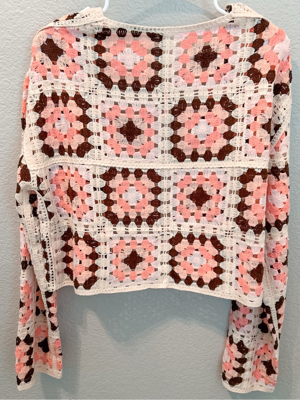 Boho Crochet Granny Square Long Sleeve Cardigan Pink Ivory L/XL Cottage Grandma - Picture 6 of 8